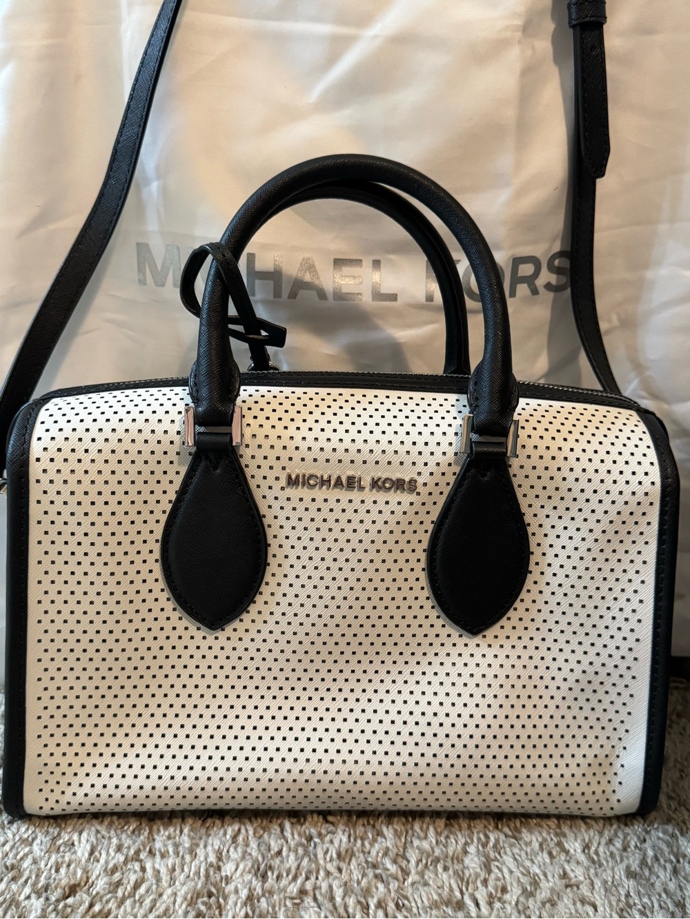 Michael Kors White Perforated Satchel with Black Trim